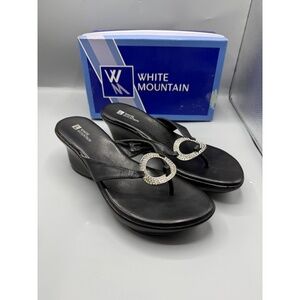 White Mountain Wedge Thong Sandals 9.5M Black Rhinestone Very Good Used‎ Glamour